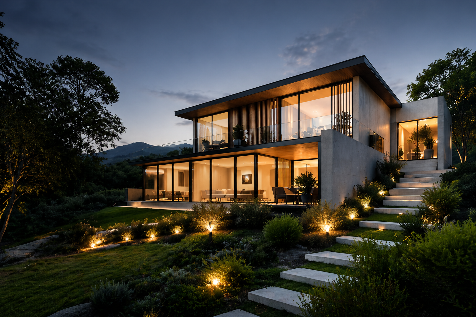The Hillside — modern home commanding a twilight ridge view